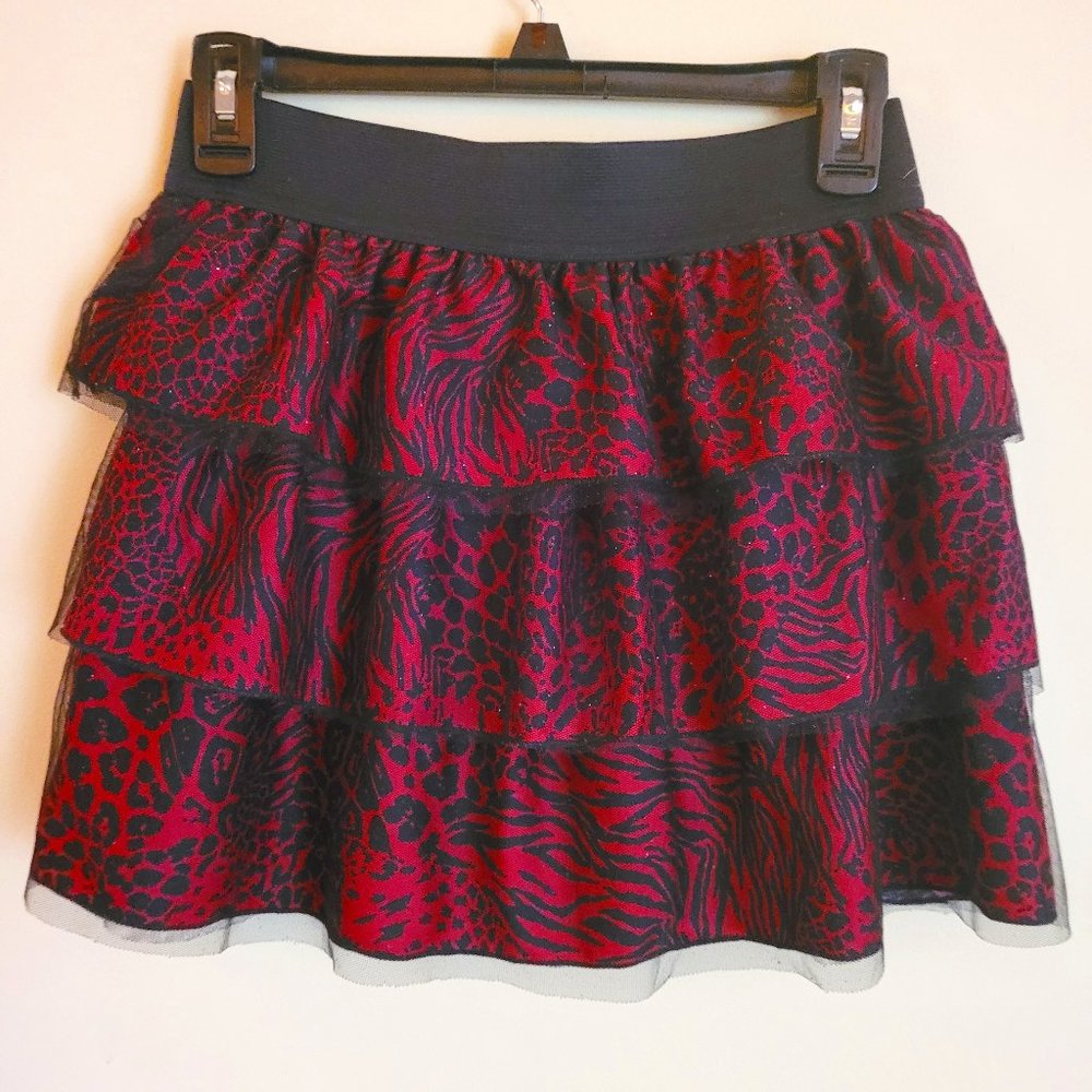 iz Amy Byer Red Black Animal Print Flirty Mini Skirt Size S